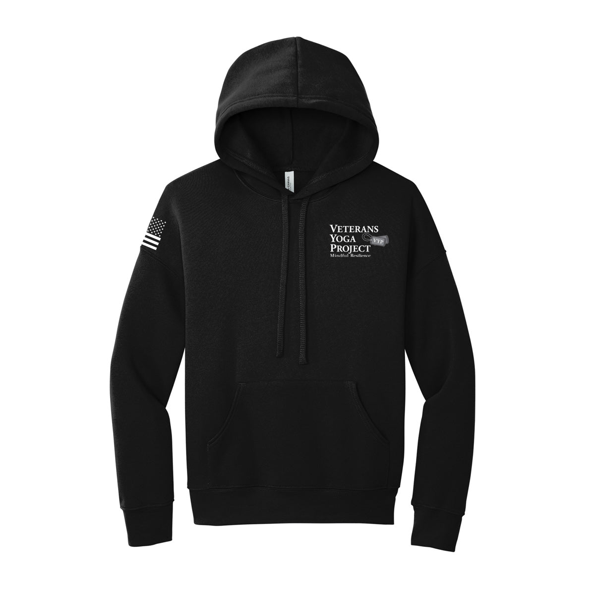 Black hooded sweatshirt with 'Veterans Yoga Project' logo on the left chest and a charging American flag in white on black on the right sleeve.