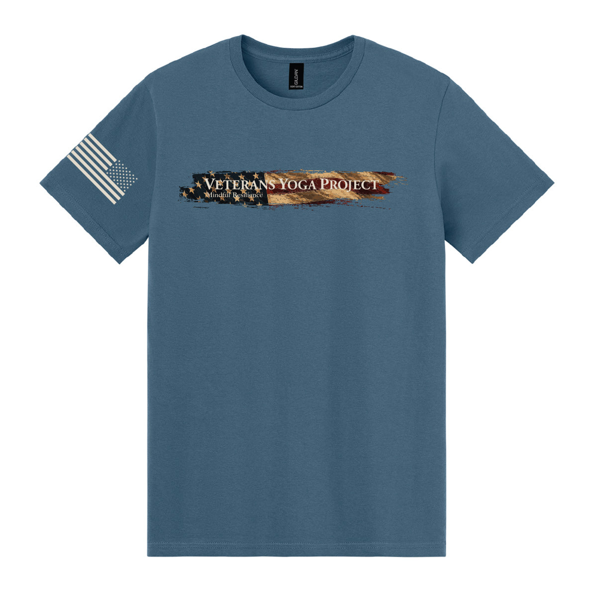 An indigo tee with the Veterans Yoga Project logo across the chest, backed by a vintage American flag graphic.