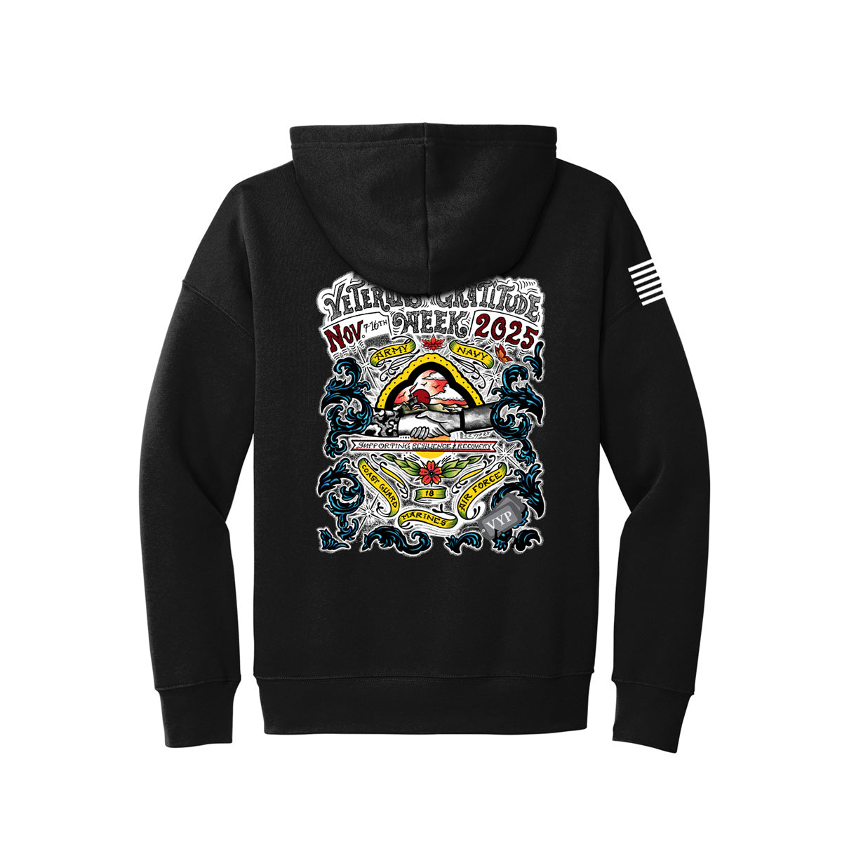 Black hooded sweatshirt with colorful VGW 2025 imprint. The design celebrates the branches of service.  A charging American flag is visible on the right sleeve.