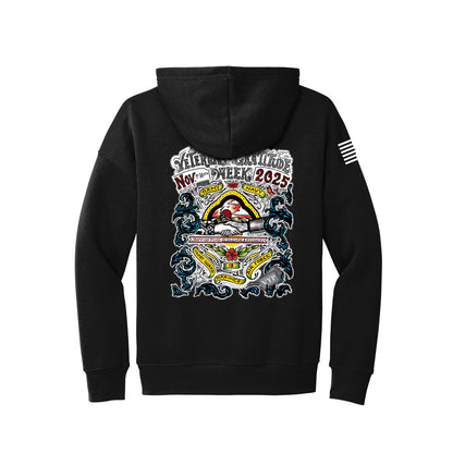 Black hooded sweatshirt with colorful VGW 2025 imprint. The design celebrates the branches of service.  A charging American flag is visible on the right sleeve.