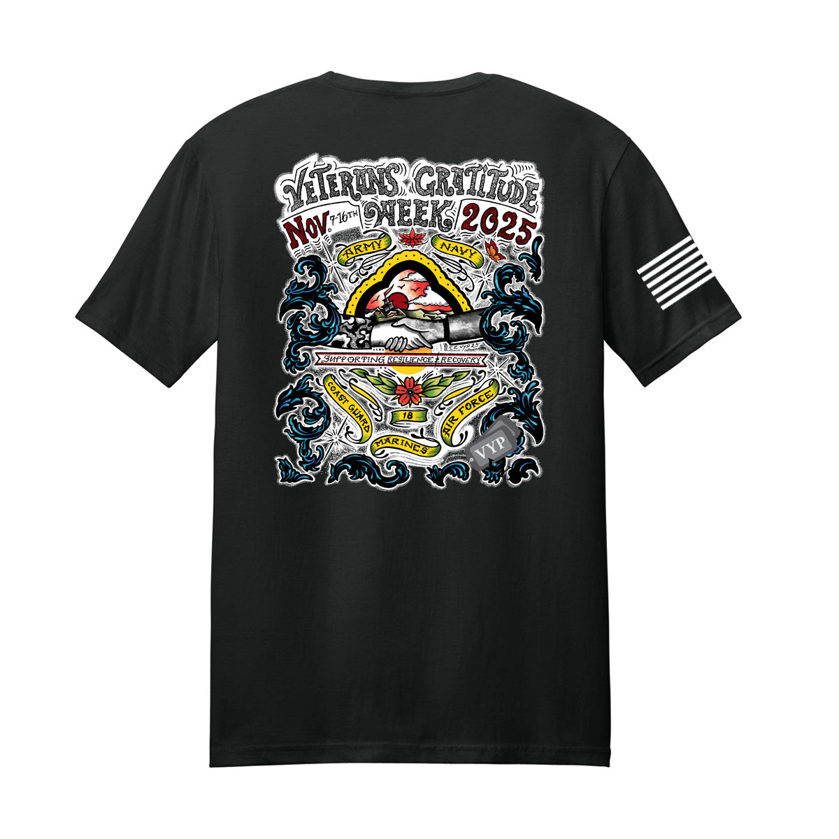 Black t-shirt with colorful VGW 2025 imprint. The design celebrates the branches of service.  A charging American flag is visible on the right sleeve.
