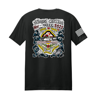 Black t-shirt with colorful VGW 2025 imprint. The design celebrates the branches of service.  A charging American flag is visible on the right sleeve.