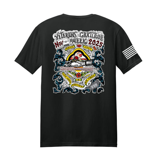 Black t-shirt with colorful VGW 2025 imprint. The design celebrates the branches of service.  A charging American flag is visible on the right sleeve.