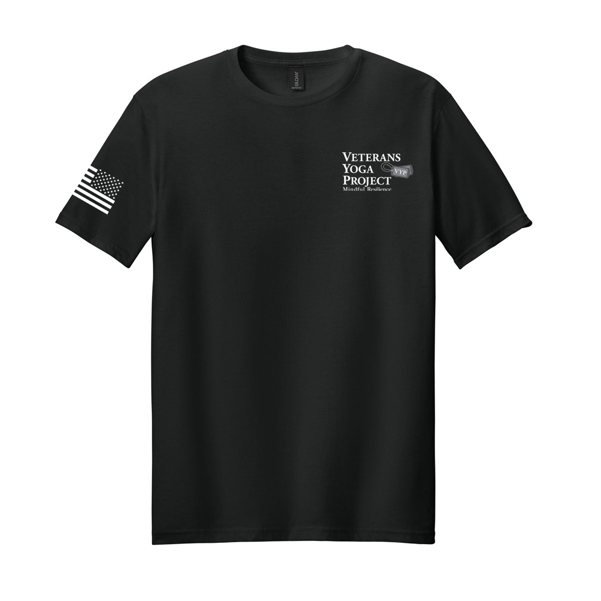 Black t-shirt with 'Veterans Yoga Project' logo on the left chest and a charging American flag in white on black on the right sleeve.