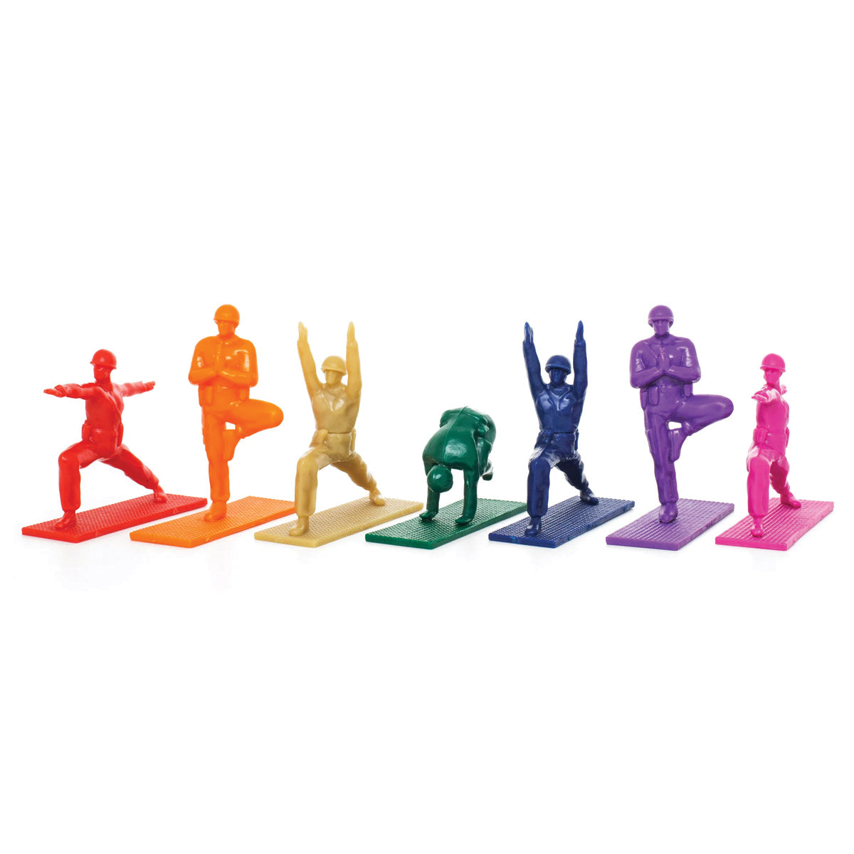 Yoga Joes Series 1 Rainbow figurines shown out of their package.  Assorted colors and poses shown.